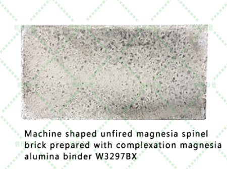 Machine shaped unfired magnesia spinel brick prepared with complexation magnesia alumina binder W3297BX
