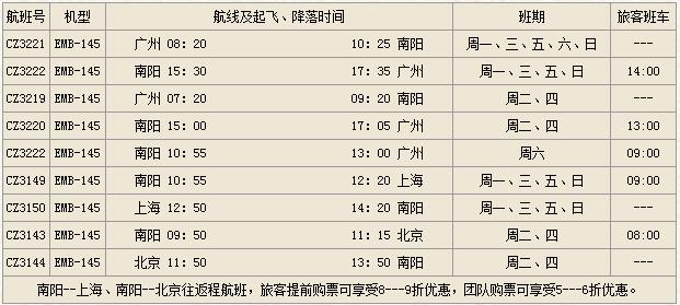 南阳机场航班时刻表