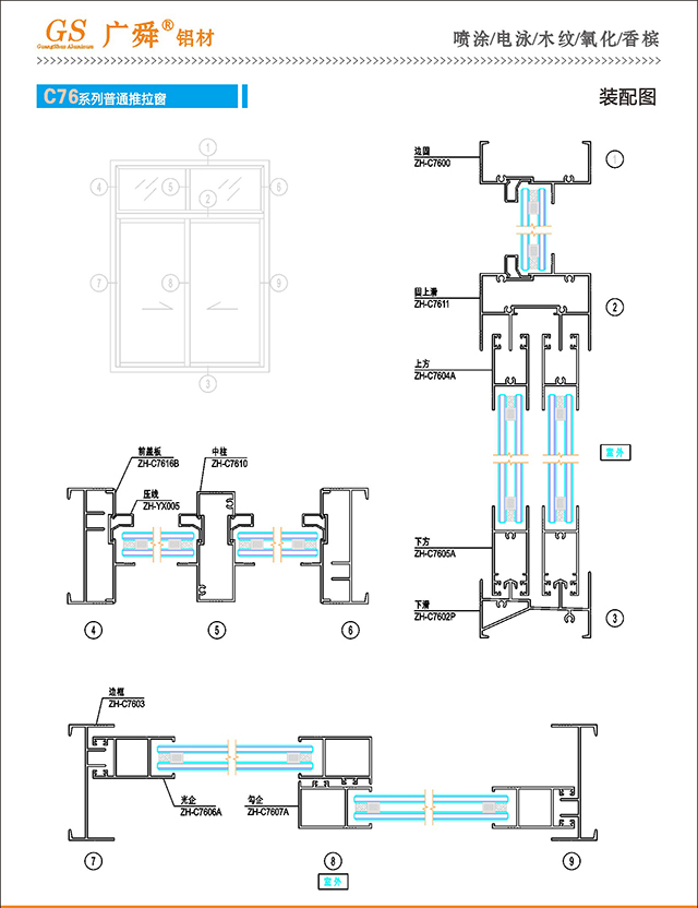 4mm 玻璃:单玻/中空主要由:边框,上滑,下滑,上方,下方,光企,勾企,中柱